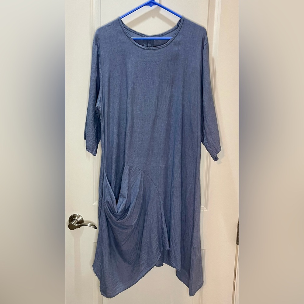 Italian Linen Asymmetrical Amorosa Blue Dress Lagenlook Style Size Large
